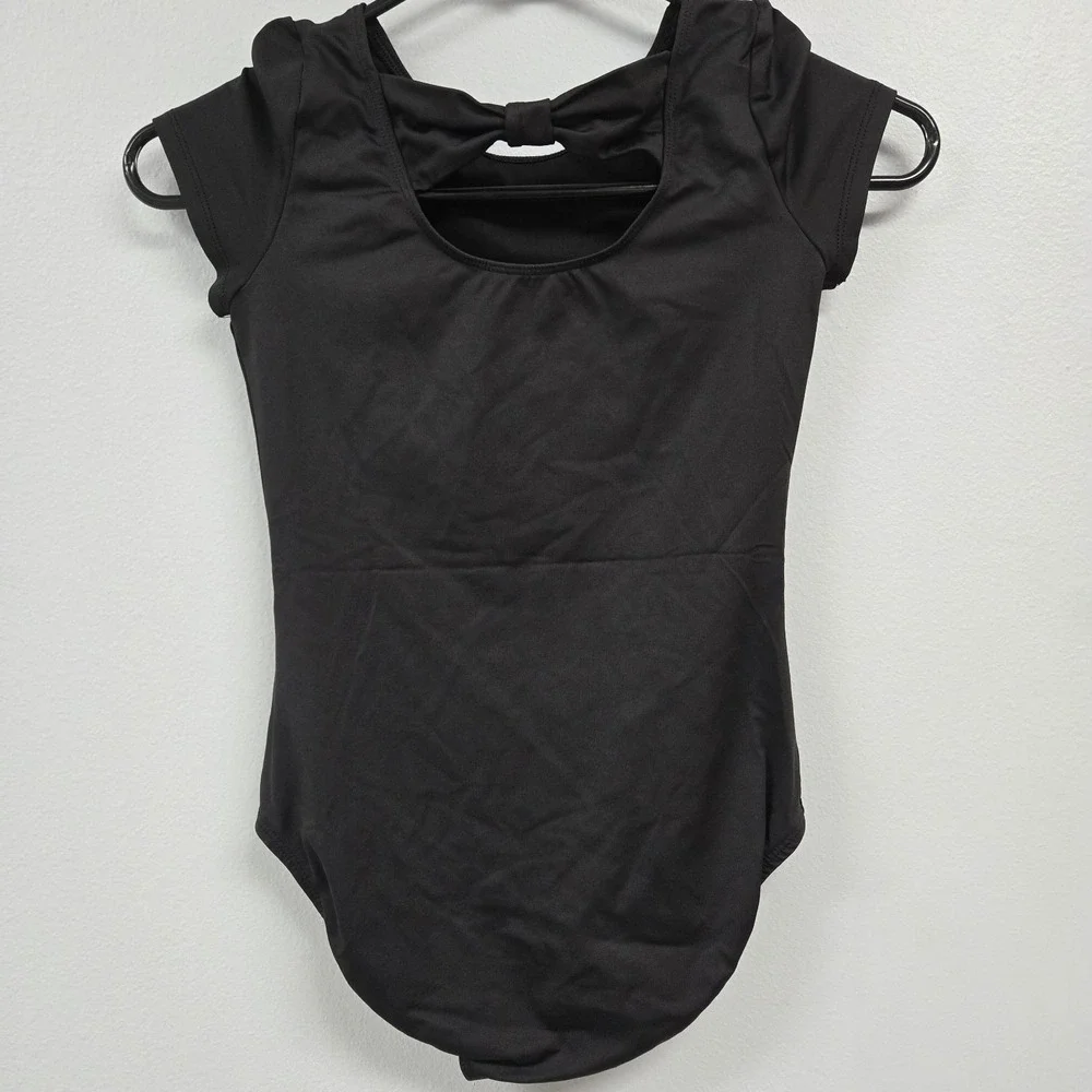 Justice Leo & Crop Top Sports Bra Lot Dance Gymnastics Cap Sleeve Bow Back Black